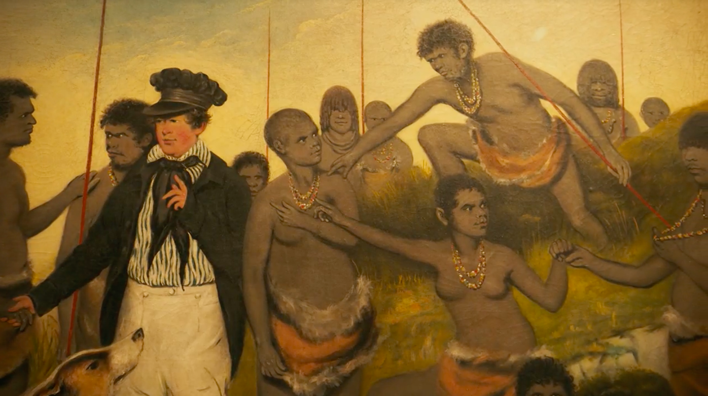 George Robinson inducing aboriginal people to leave country and to lose their culture (note the shell necklace being held out by the person on the far right of this painting