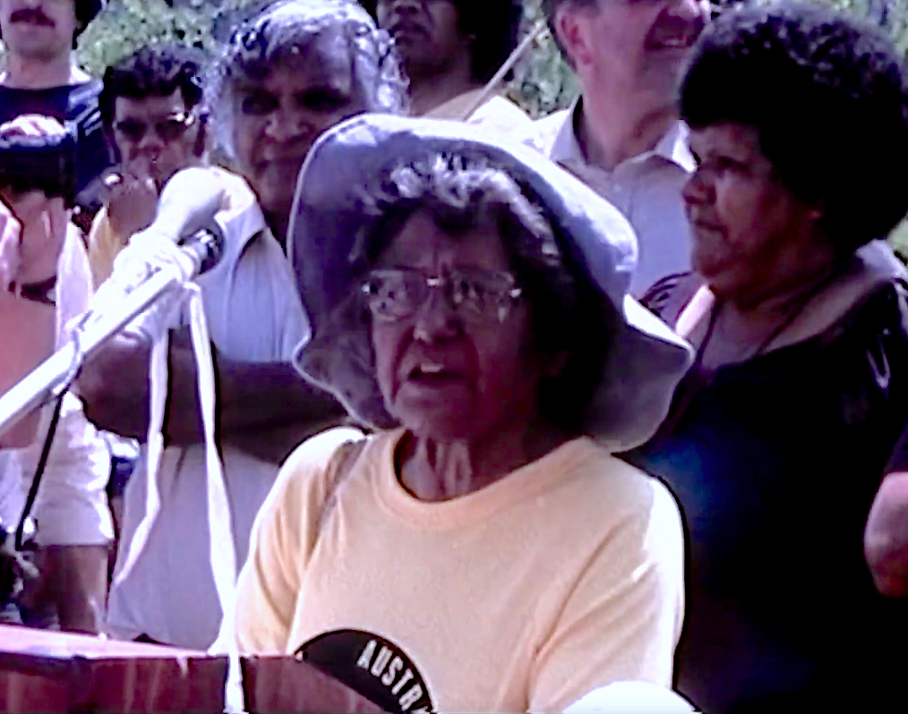 Oodgeroo speaking at a 1982 Land Rights Rally prior to the Commonwealth Games