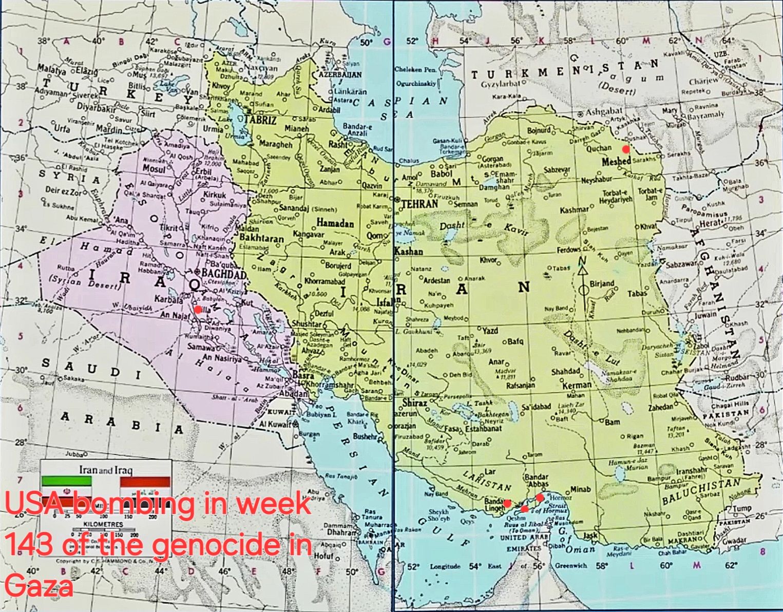 USA bombing of Iran and Iraq during week 143 of the genocide in Gaza